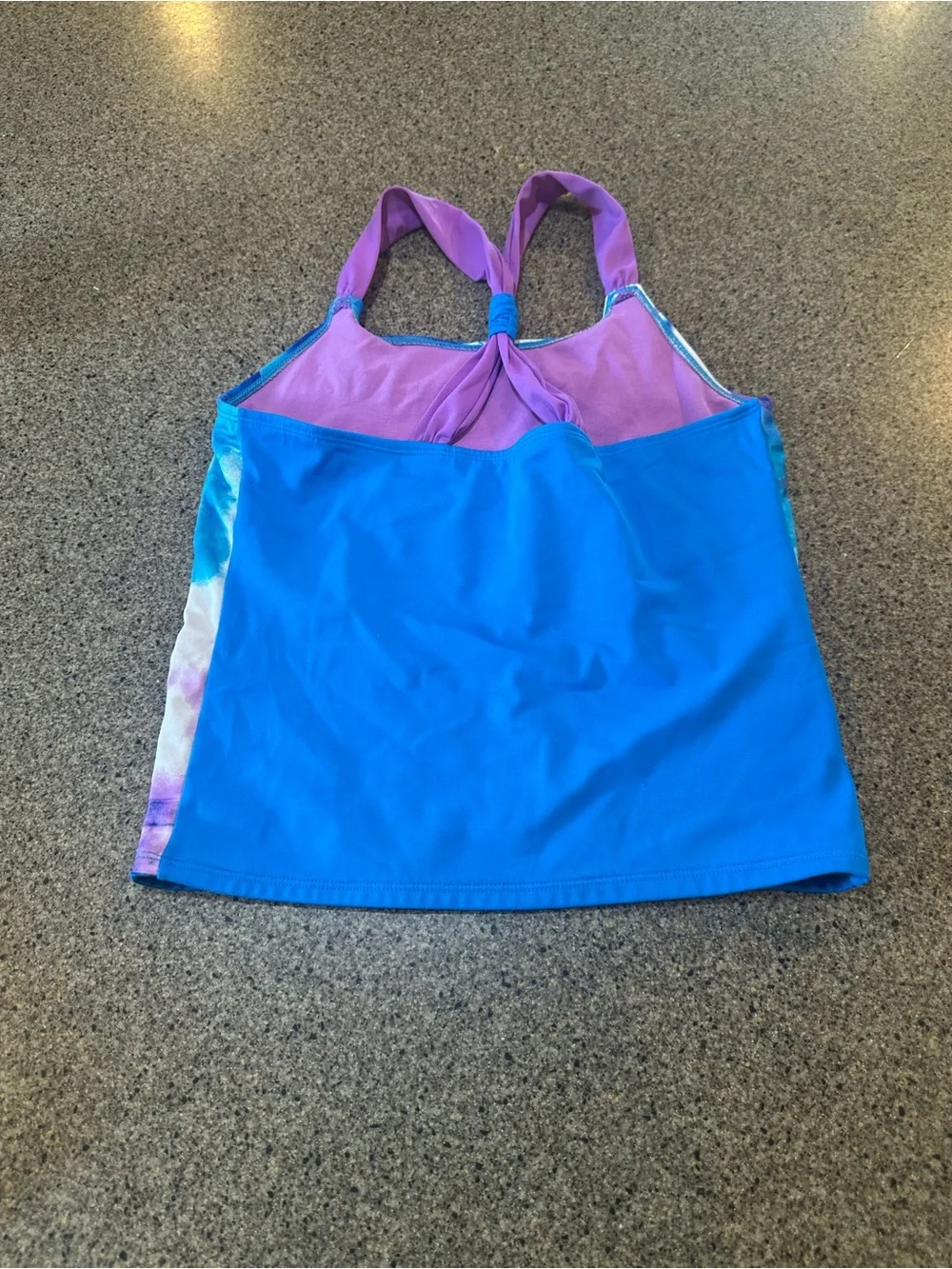 Justice Purple & Blue Palm-Print swim suit top with Glitter 'FUN'
